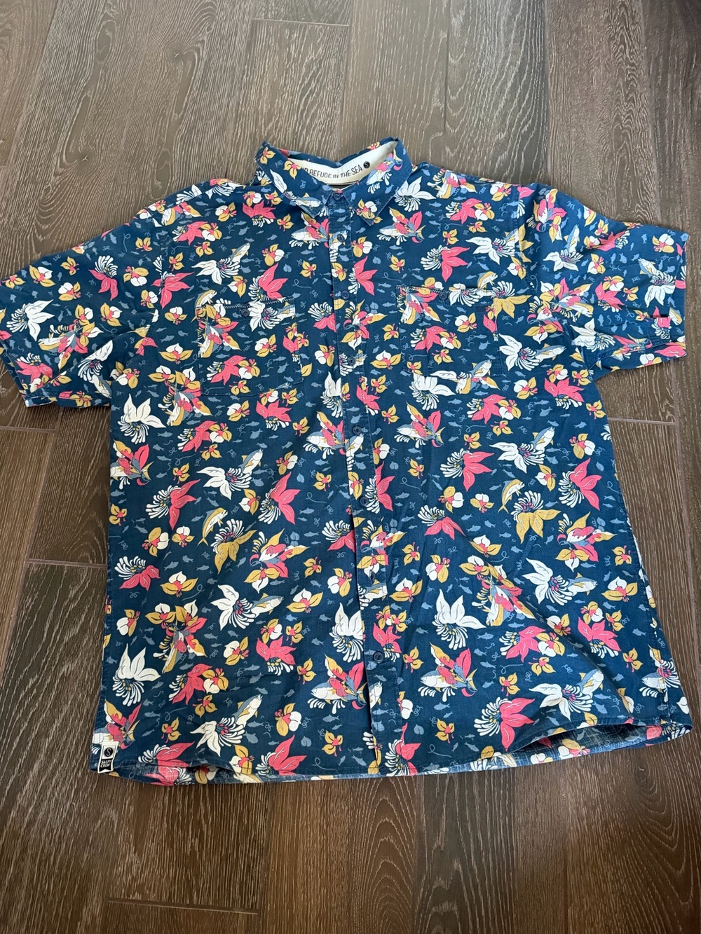 Salty Crew Navy Floral Short-Sleeve Button-Down Shirt with Pink & Yellow Blooms
